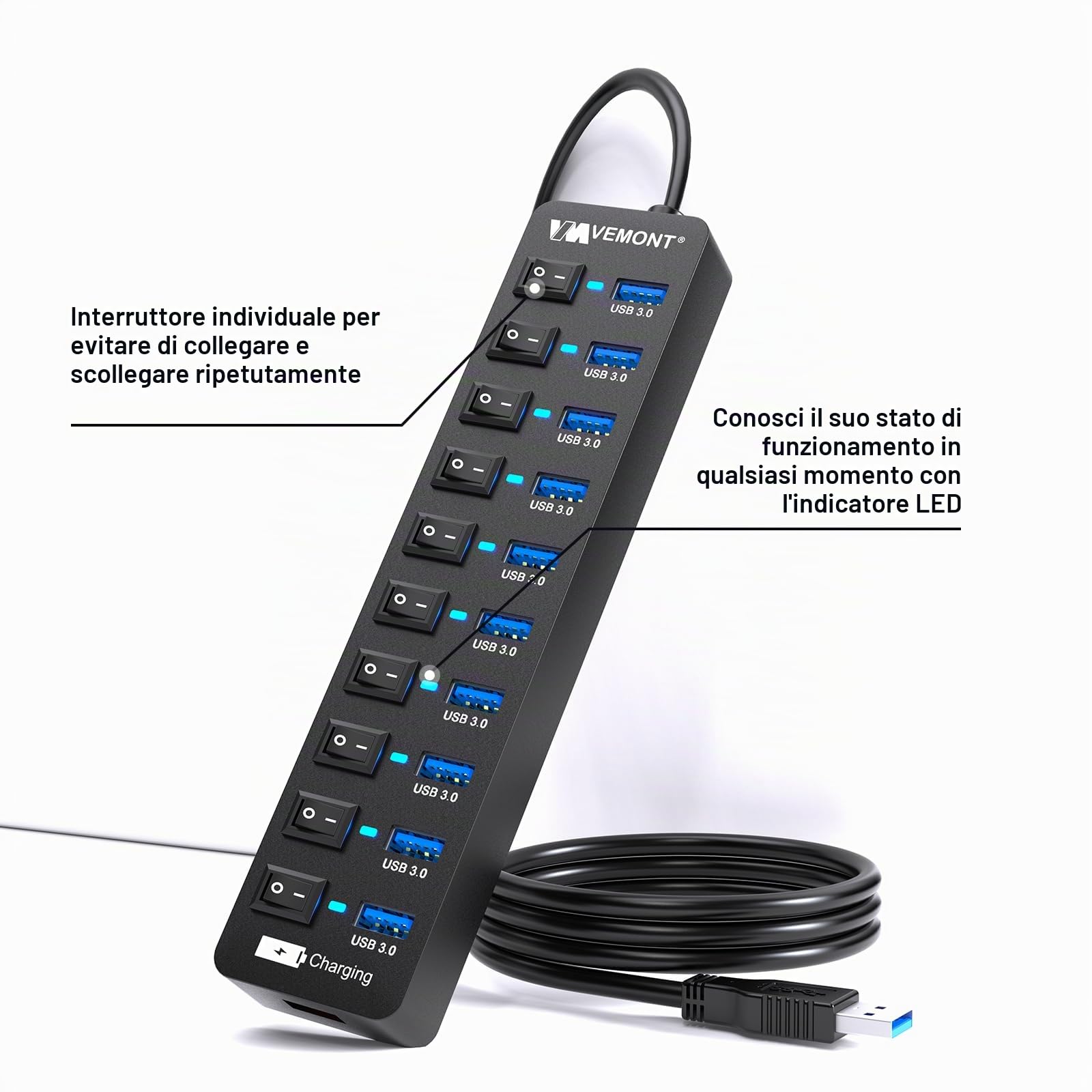 Hub USB attivo 3.0 con alimentatore di rete, VEMONT 11 porte USB con 12 V/3 A | Splitter USB (10 porte 3.0 e 1 porta di ricarica intelligente) con interruttore individuale e cavo lungo 1,2 m per PC/laptop