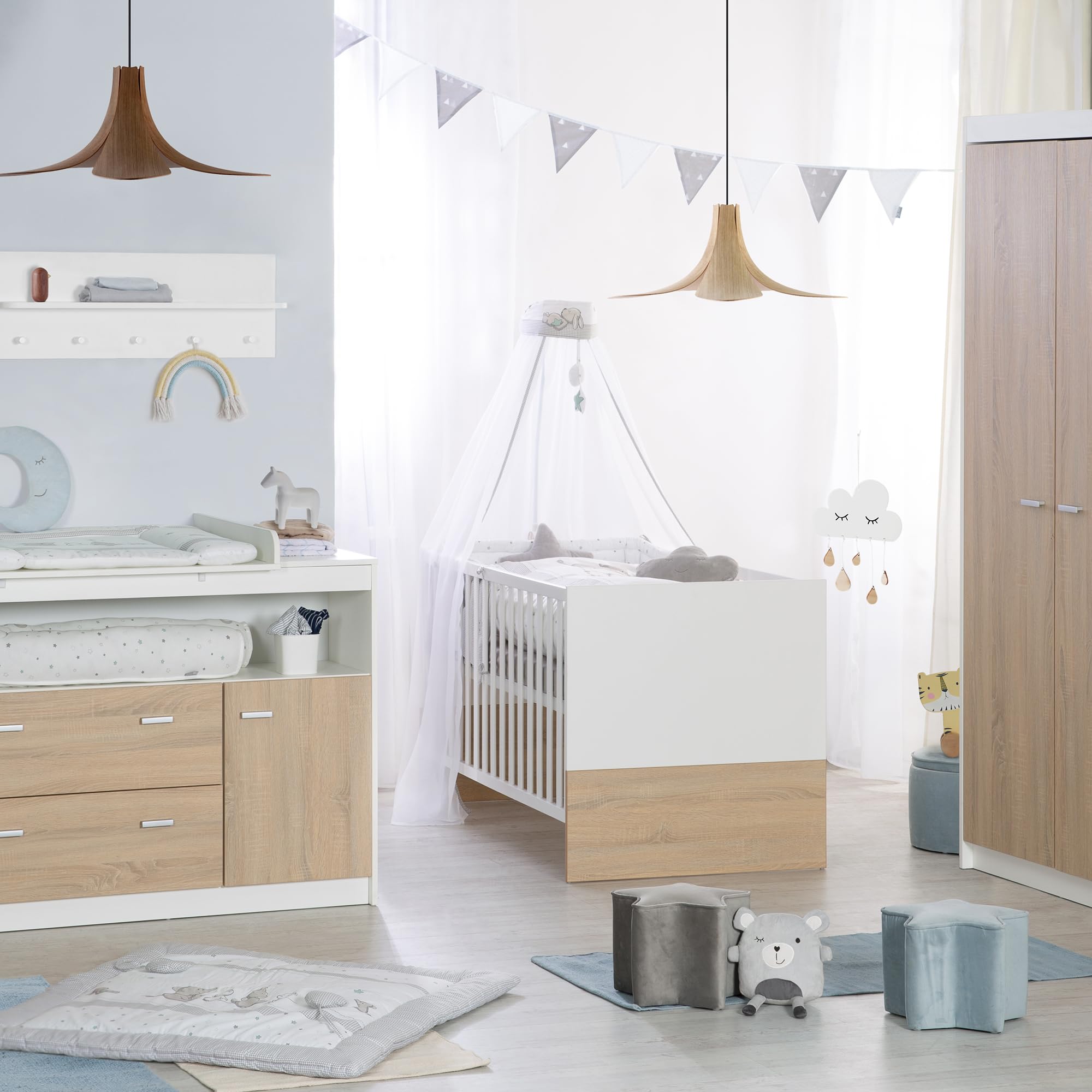roba Lettino Combinato "Gabriella", 70 x 140 cm, Regolabile in Altezza, 3 Fasci, Bianco/Naturale