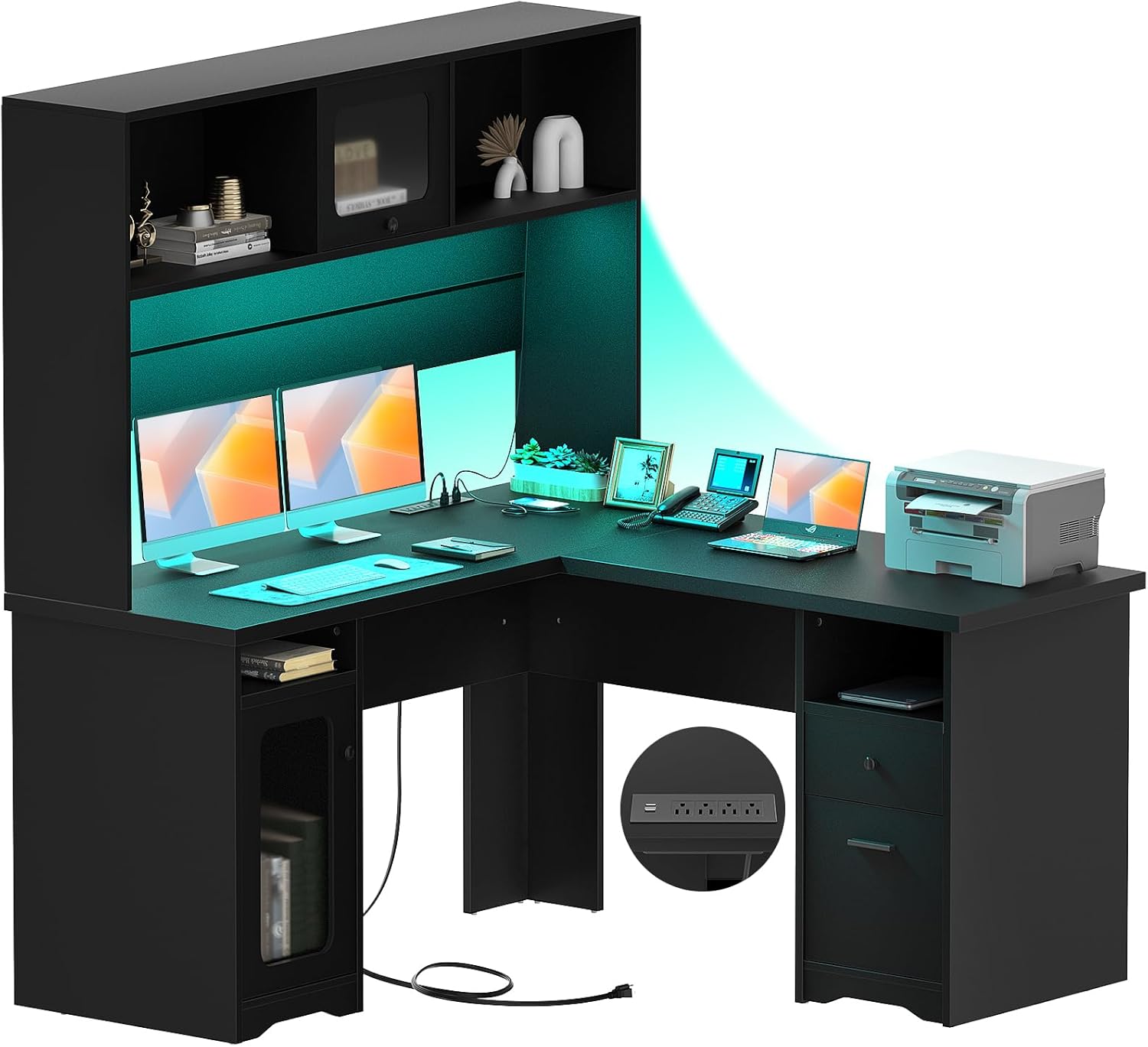 Unikito L Shaped Office Desk with Hutch, 60 Inch Computer Desk with Power Outlet and