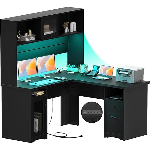 Unikito L Shaped Office Desk with Hutch, 60 Inch Computer Desk with Power Outlet and LED Lights, Large Modern Corner Desk with File Drawers, Sturdy 2 Person Home Office Gaming Table, Black