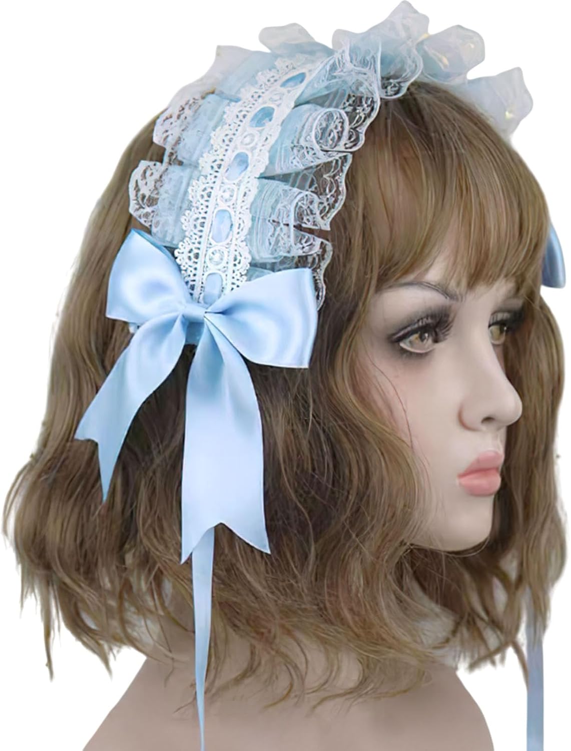 Ruffled Lace Headband Crisscross Ribbon Bow Hairband Party Cosplay Hair Accessories for Women Girls Hair Accessories Blue
