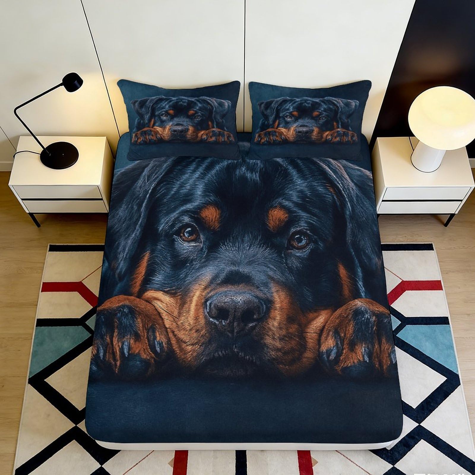 3D Printed Rottweiler Dog Fitted Sheet Microfiber Black Brown Mattress Cover for Bedroom Guest Room Dorm Decor 90x200x25cm