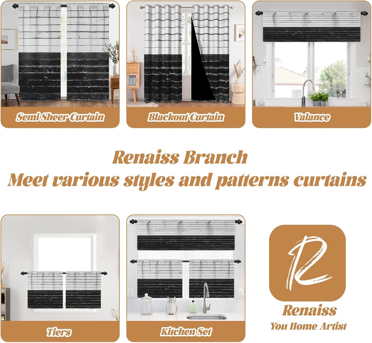 Renaiss 26 x 36 Inch Wooden Kitchen Curtains Small Mini White Black Rustic Country Farmhouse Country Plank Wood Print Rod Pocket Short Curtain Tiers for Cafe Window Drapes Treatment Linen 2 Panels