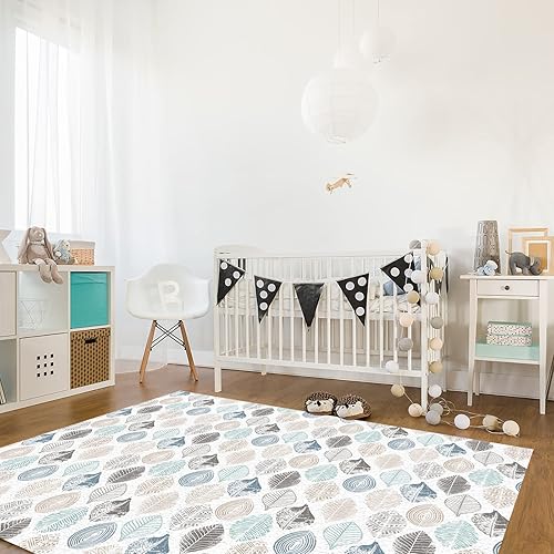 Miniatura 4 de Alfombra de área de hojas abstractas para dormitorio, sala de estar, azul, verde, marrón, gris, hojas, plantas, contemporánea, alfombra de suelo,