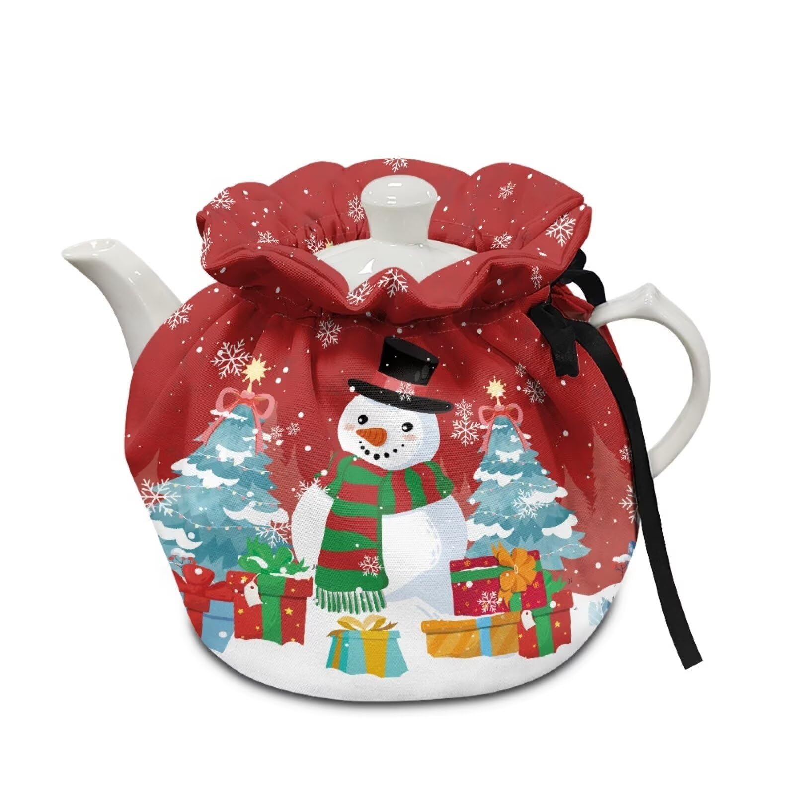 Christmas Snowmen Tree Teapot Cozies Breakfast Warmer with Drawstring, Washable Fabric Tea Cosy for Teapots Fitted Most Tea Pots, Indoor Kitchen Christmas Decor