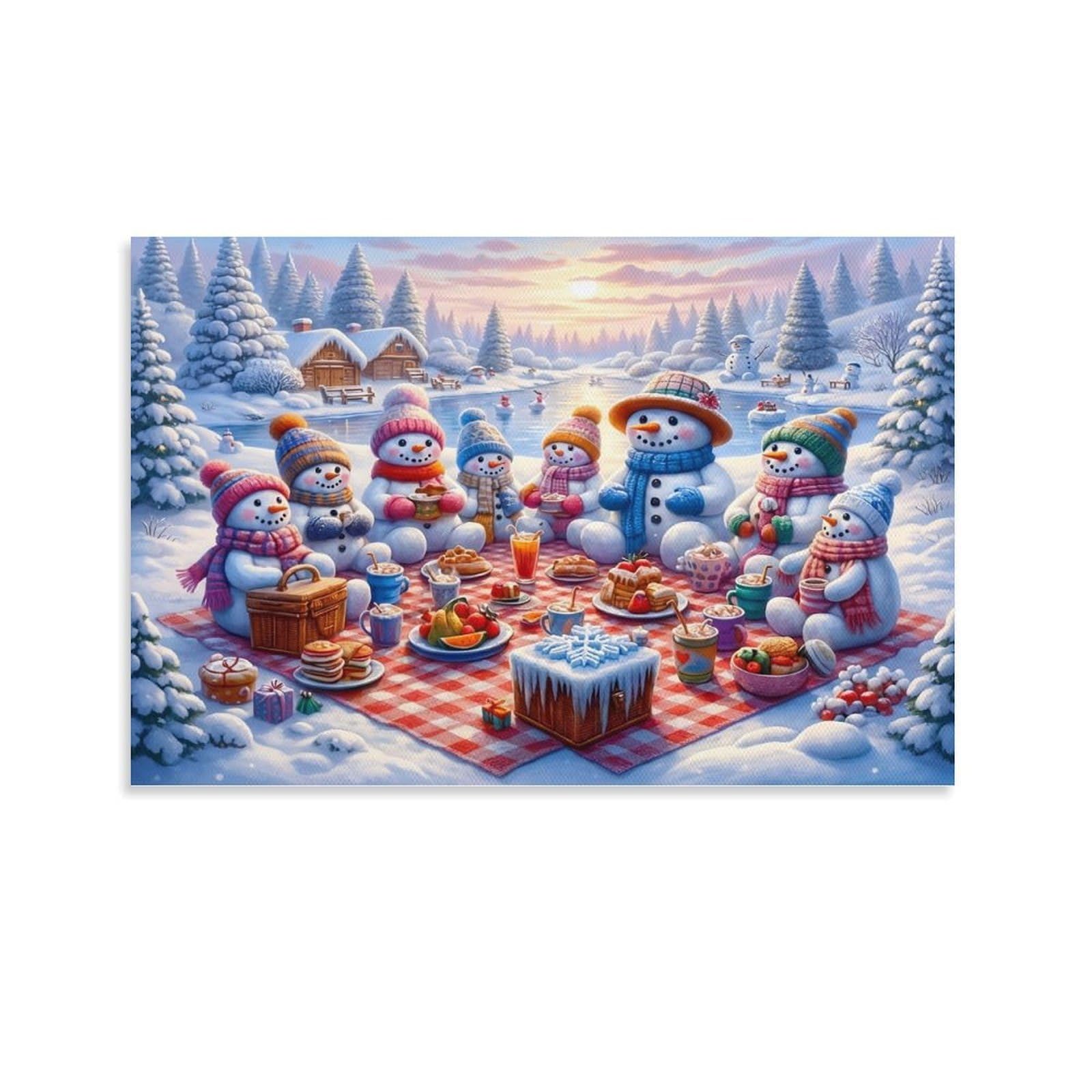 CPLVKWRQJ Snowman Picnic Winter 1 Piece Snowman Family Picnic Sunset Pine Woods Canvas Wall Art - Bedroom Canvas Painting Easy to Clean Statement Piece Wall Decor 20x30inch(50x75cm)
