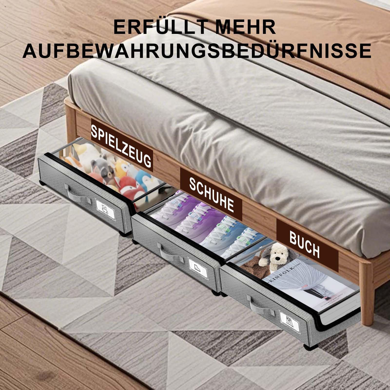 Set da 2 contenitori sottoletto con coperchio e ruote, scatole portaoggetti sotto il letto con coperchi trasparenti ed etichetta, cassetti scorrevoli da 48L per vestiti, coperte