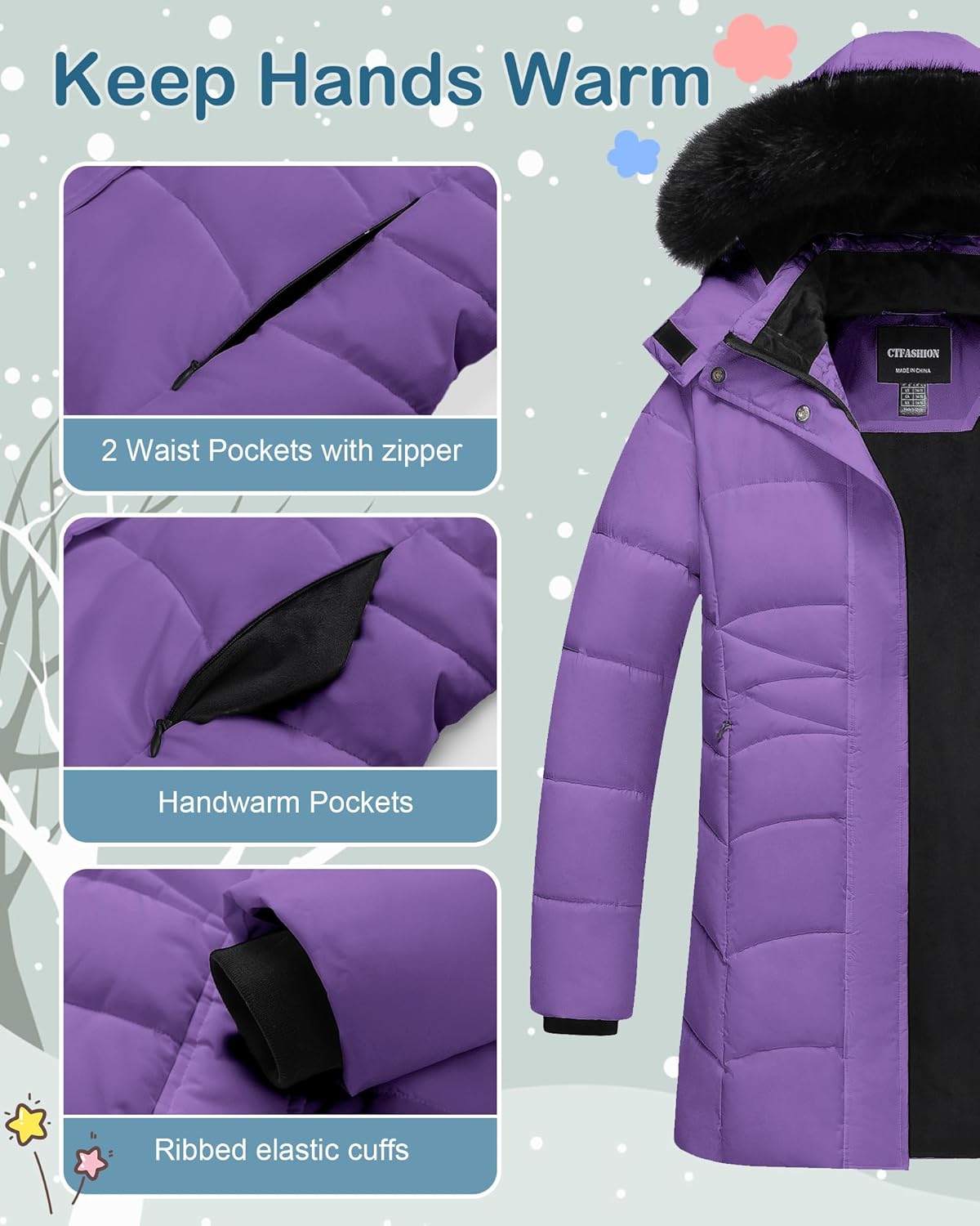 Girl's Puffer Jacket Kids Long Winter Coat Heavyweight Ski Parka Warm Fleece Outerwear with Removable Fur Hood - Image 5