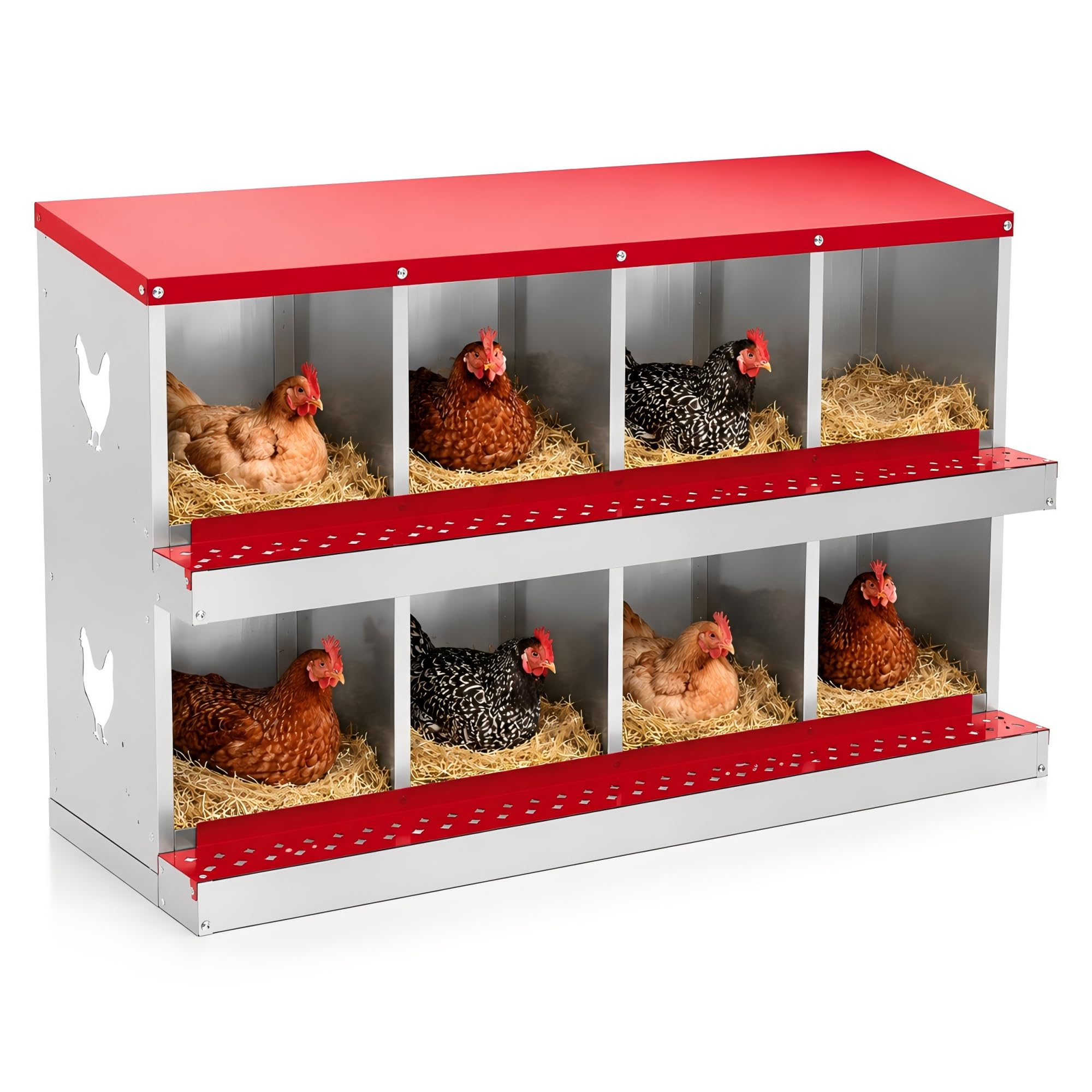 Garvee Caja Nido para Gallinas 8 Compartimentos, Nidal de Acero Galvanizado con Ventilación Lateral, Bandeja Extraíble