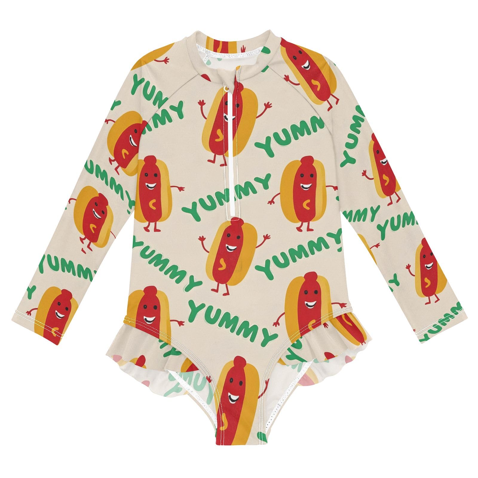 ALAZA Swimsuit for Girls Long Sleeve Rashguard Bathing Suit Cartoon Hot Dogs Quick Dry 4T