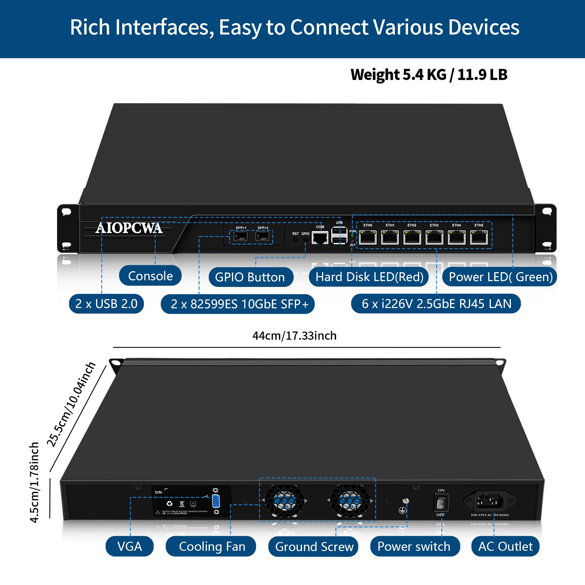 1U Firewall Appliance, 2 x 10GbE 82599ES SFP+, 6 x i226-V 2.5GbE LAN, Core i7 3520M, 19" Rackmount OPNsense Router, Homelab Server, VGA, COM, AES-NI, 8GB RAM 256GB SSD