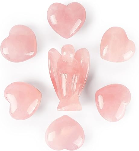 Miniatura 2 de Artistone Juego de figura de ángel de la guarda de bolsillo de cuarzo rosa y piedra de corazón de chakra, piedra preciosa tallada, cristal curativo,