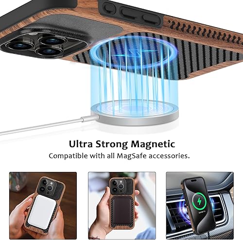 Miniatura 4 de Funda magnética compatible con iPhone 15 Pro Max compatible con MagSafe diseño de fibra de carbono de madera y cuero, funda híbrida a prueba de