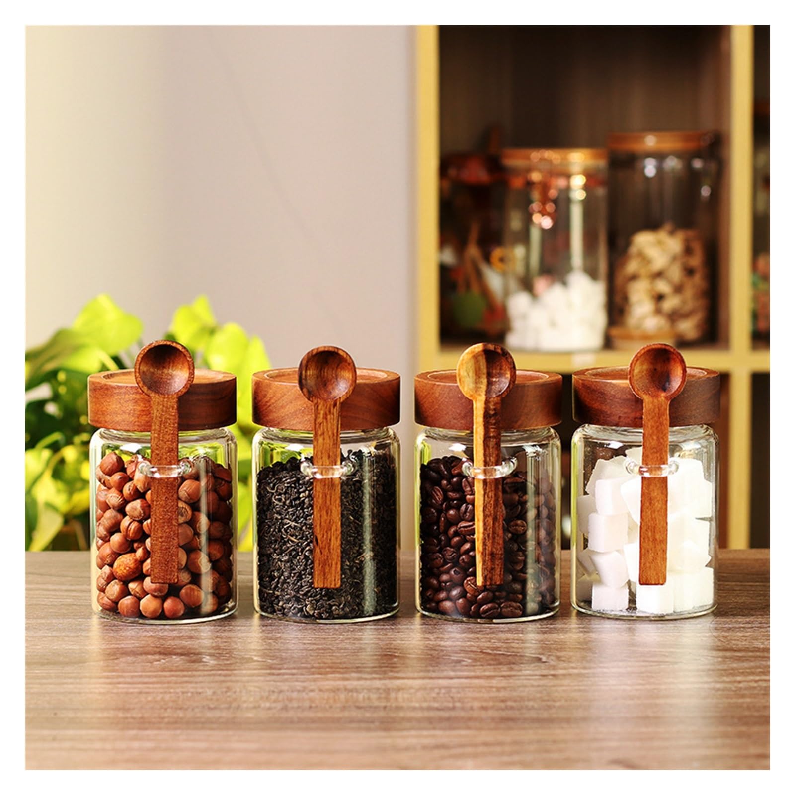 HYFEUOKF 2Pcs 15oz Screw-top Acacia Wood Lid Glass Storage Jar With Spoon Sugar And Salt Seasoning Airtight Container Oat