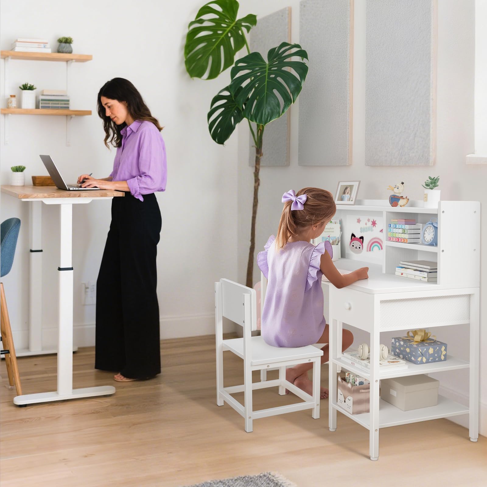 Juego de escritorio y silla blanca para niños de 6 a 12 años, escritorio de estudio para niños con gabinete y estante de almacenamiento, mesa de escritura para estudiantes con cajón de tela para 8