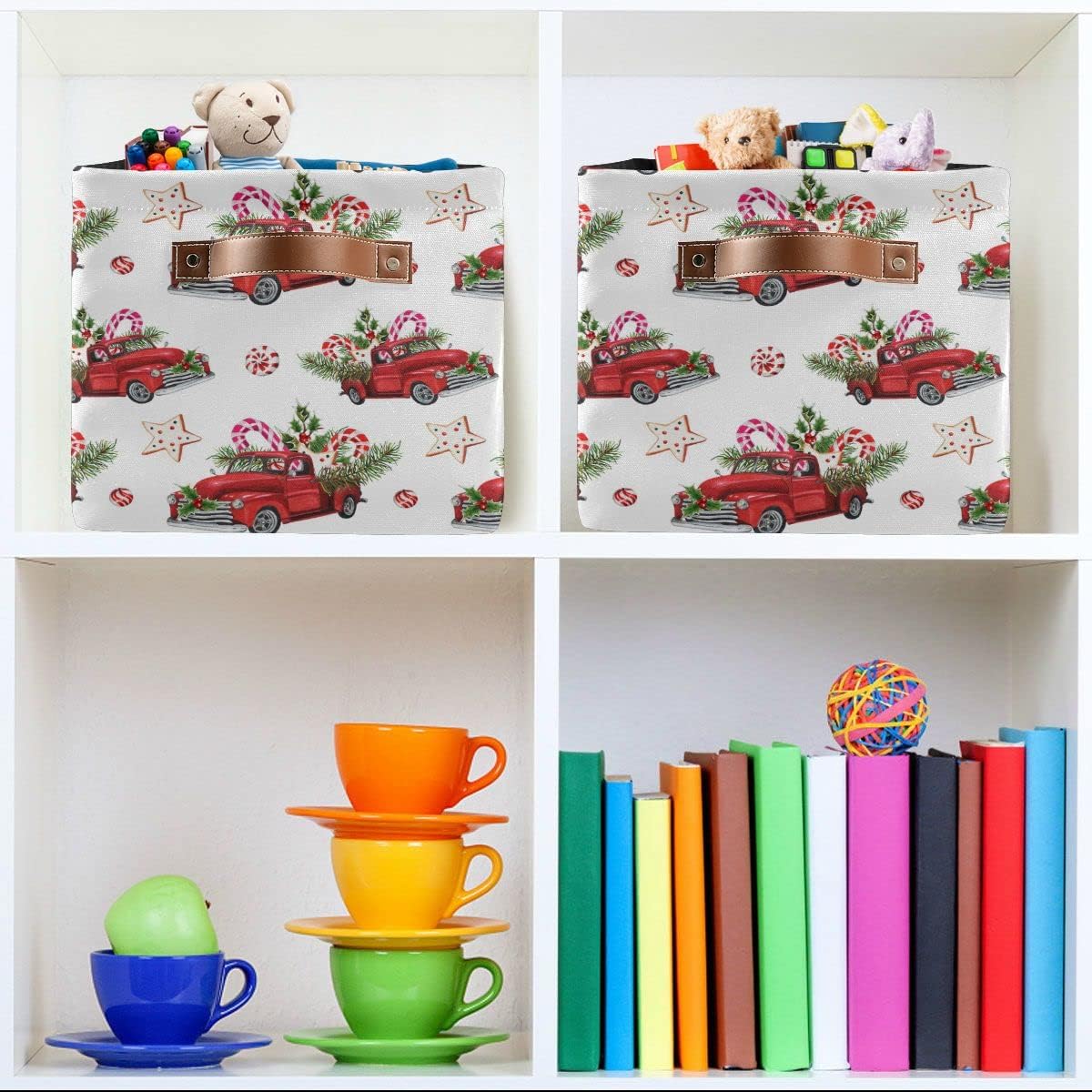 Christmas Truck Candy Canes Red Storage Basket Fabric Laundry Baskets Winter Snowflake Snowman Storage Boxes Organizer Bag for Baby Cloth Dog Toy Book Storage Cubes Shelf Closet Bins 16×12×8 Inches
