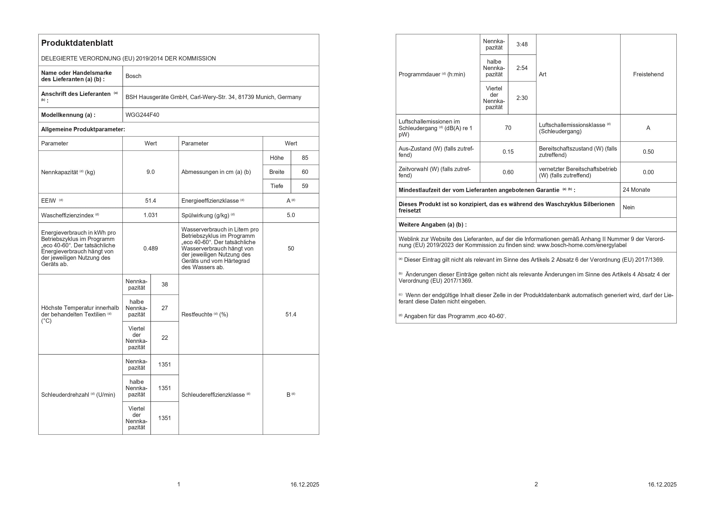 Bosch Serie 6 Waschmaschine 9 kg 1400 UpM Fleckenautomatik WGG244F40 | i-DOS vollautomatische Flüssigwaschmittel-Dosierung, langlebiger bürstenloser Motor, Knitterschutz per Iron Assist Dampf