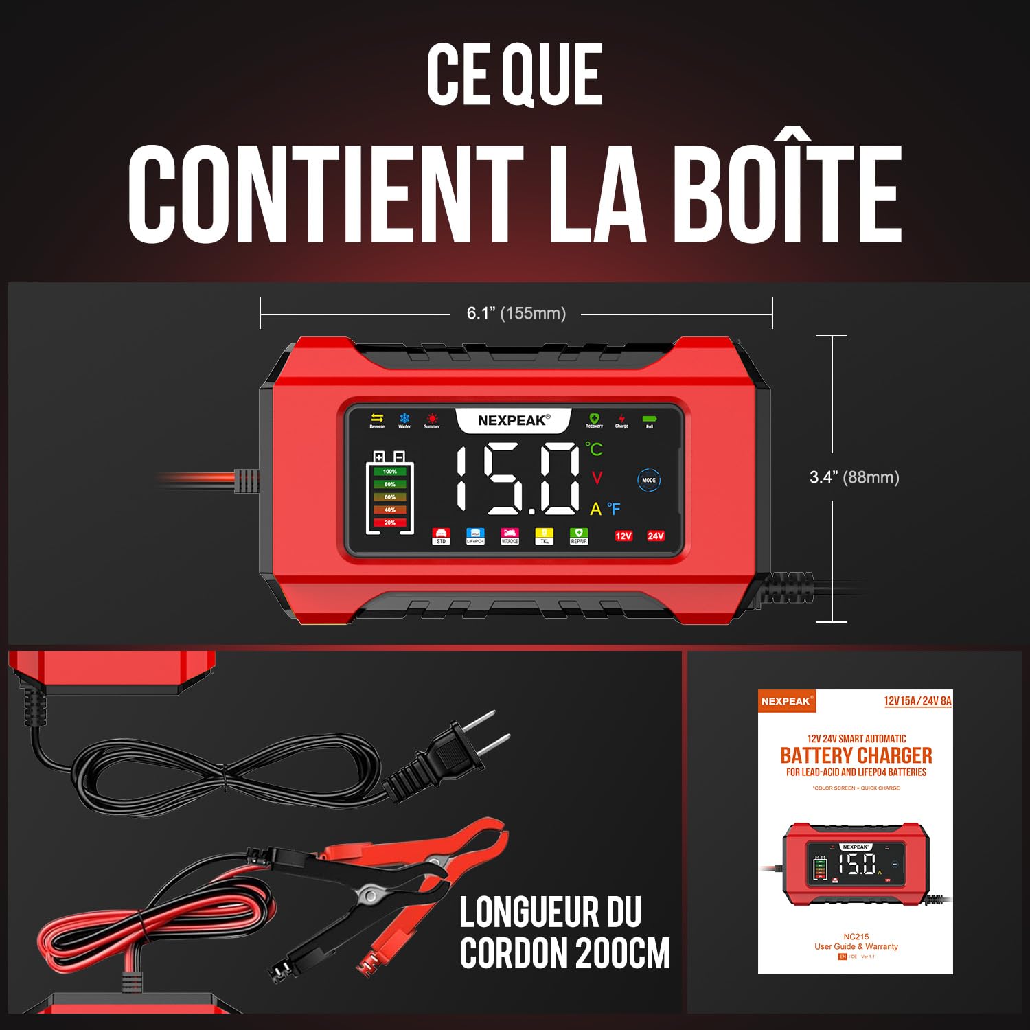 15A Chargeur de Batterie de Voiture, 12V 15A/24V 8A Chargeur de Batterie Intelligent Entièrement Automatique avec Compensation de Température pour Les Batteries Plomb-Acide et LifePO4