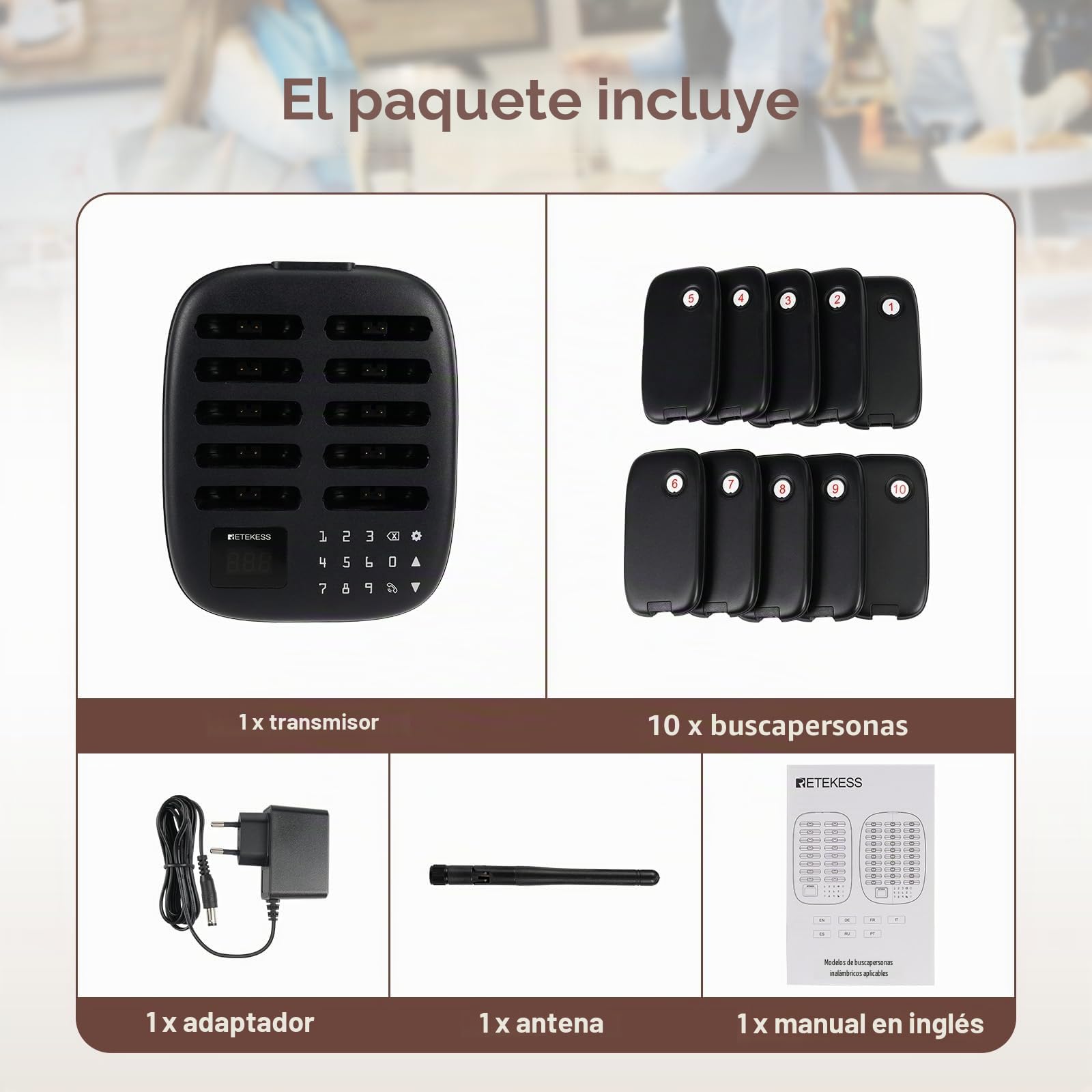 Retekess TD175S Buscapersonas Rufsystem, Sistema de Buscapersonas para Restaurante, Exterior 800m, 7 Modos de Llamada con Vibración, Botón Táctil Fácil de Limpiar, para Coches Comedor (10 pagers)