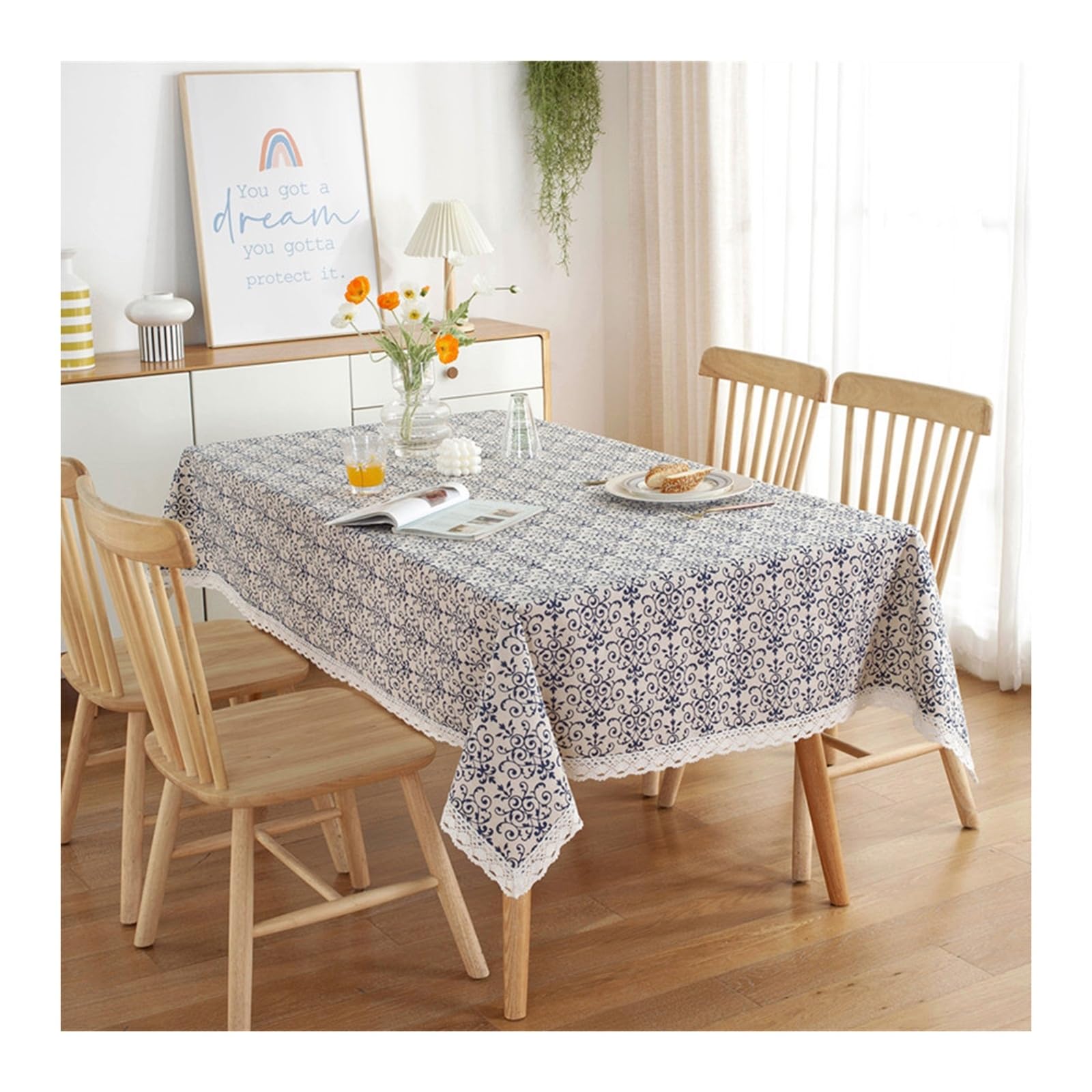 Nappe de table anti tache bleu beige imprimée floral en coton polyester 140x300cm