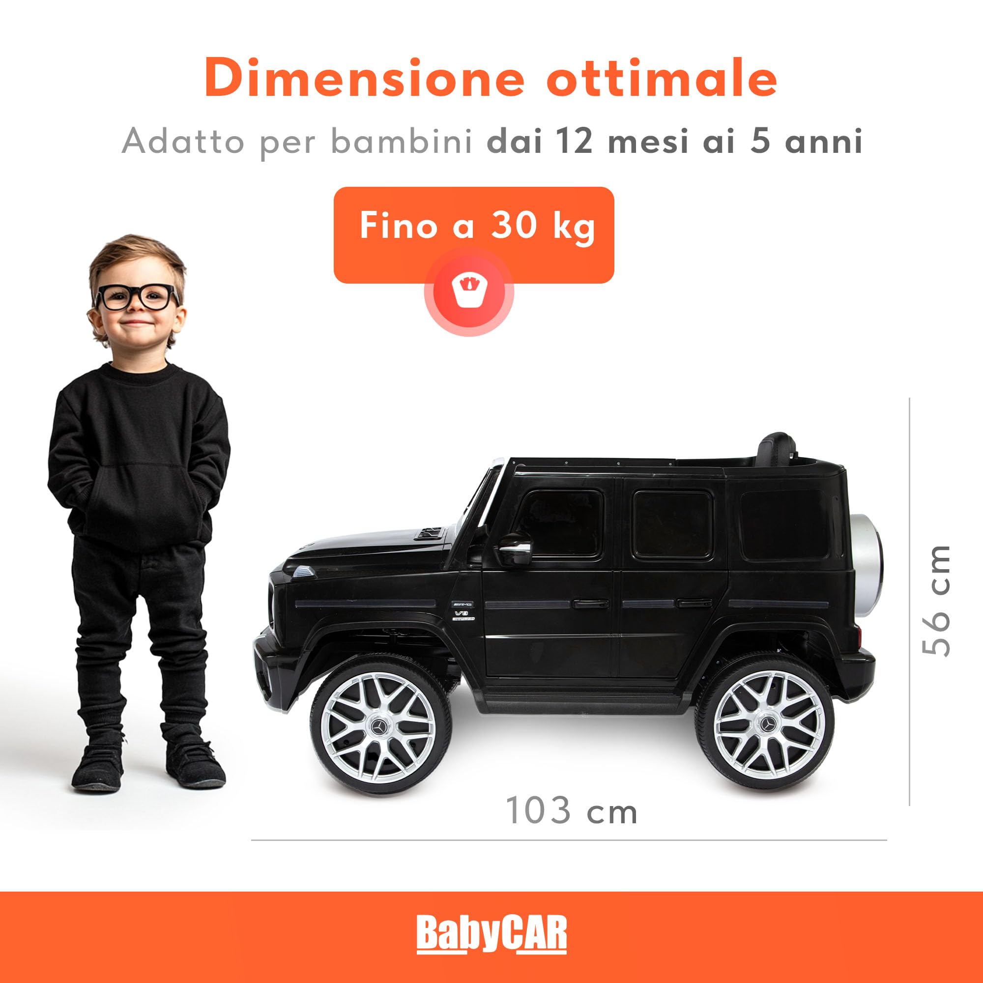 BabyCar Mercedes G63 Sport | Macchina per Bambini Elettrica Telecomandata 12V con 2 Motori 25W | Auto Elettrica per Bambini con Sedile in Pelle, Porte Apribili, USB | Licenza Ufficiale | Nero, MP3