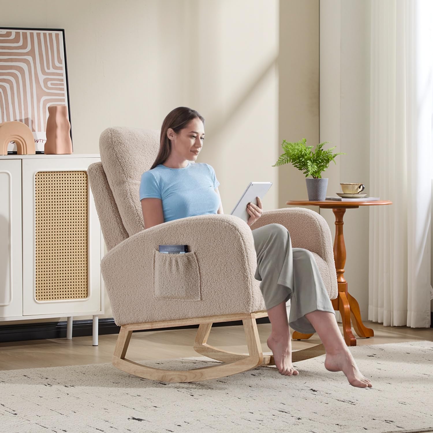 Rocking Nursery Chair, Upholstered Nursery Glider Rocker Solid Wood Legs, Morden Accent Comfy Rocking Chair with Lumbar Pillow for Living Room, Bedroom, Teddy Green (Beige, No Footrest)