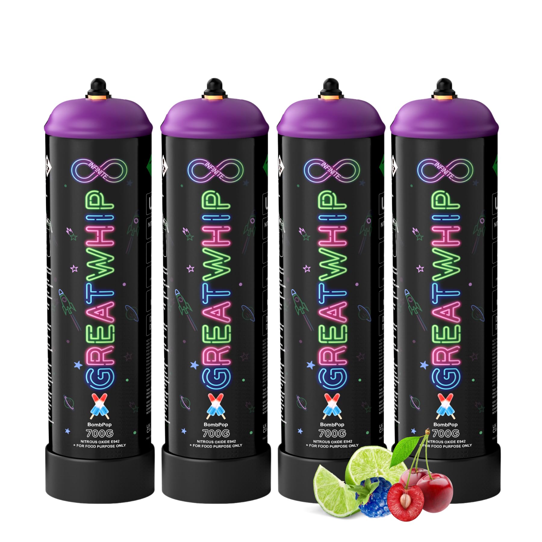 GreatWhip 700g Whipped Cream Chargers Bomb Pop Flavor Kitchen Cylinder Charger 1.05L Compatible with Cream Whippers (4 Cylinders)