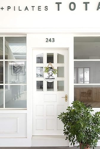 Miniatura 2 de Dahey Letrero rústico de bienvenida con eucalipto artificial para decoración de puerta delantera de perro redondo de madera Golden Retriever Hope