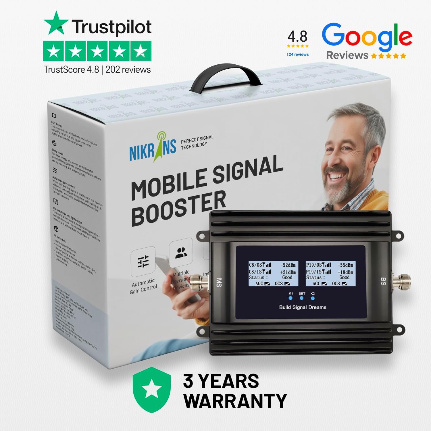 Nikrans BD-3000-Voice 5-Band Cell Phone Signal Booster for Home - Covers up to 3,000 sq ft - Supports 5 Frequency Bands - Compatible with Verizon, AT&T, T-Mobile
