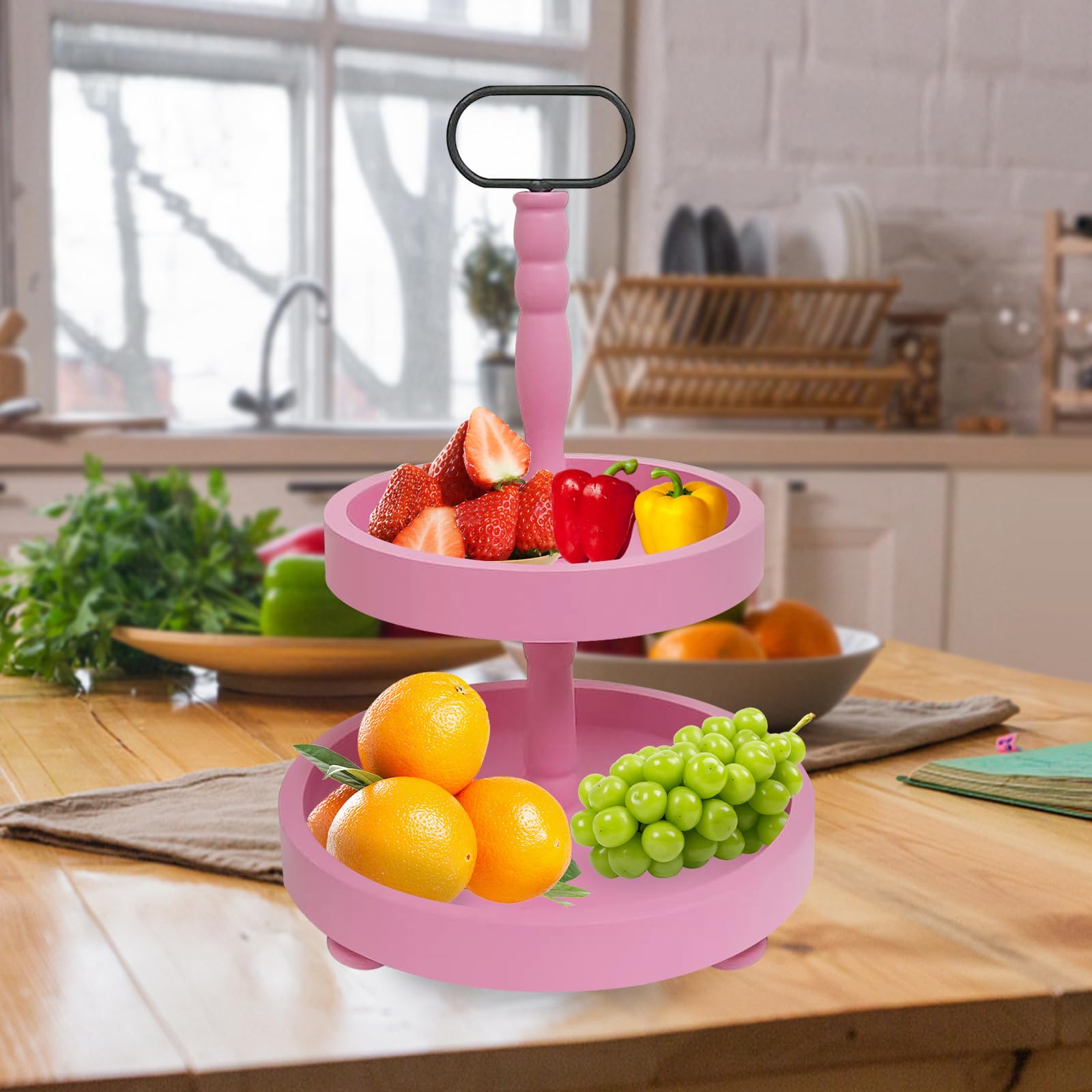 AGUAM - Farmhouse Tiered Tray with Beads Home Decor, Wooden 2 Tier Tray for The Coffee Table, Kitchen Tiered Tray Decor, Cupcake Stand, 2 Tiered Tray Farmhouse Display (13 x 13 x 17) Pink