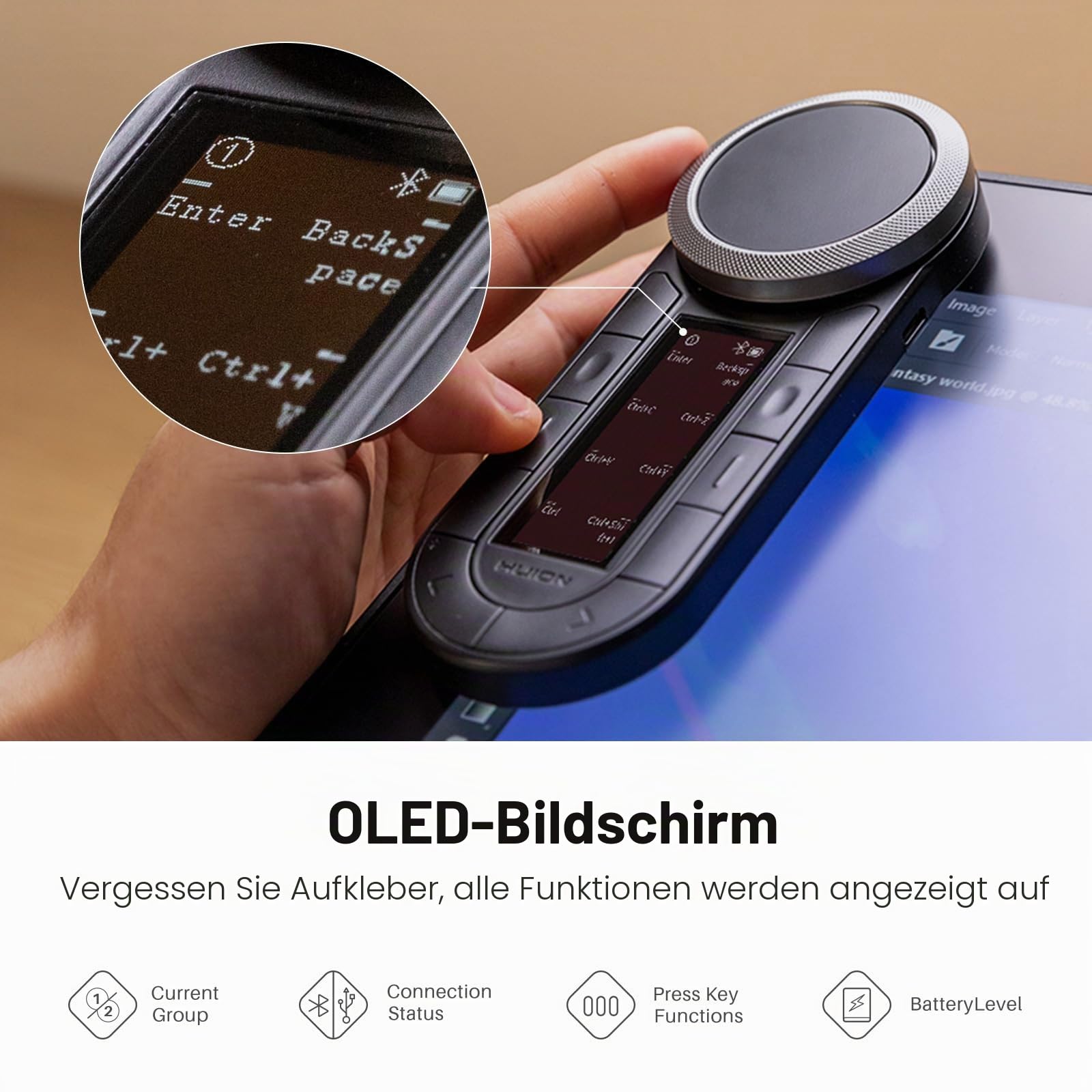 HUION Keydial Fernbedienung, programmierbare Bluetooth-Tastatur mit zwei Zifferblättern, 60 benutzerdefinierte Tasten, OLED-Display, Makro-Tastatur, funktioniert mit PC, Mac, Handy, Einhand-Tastatur