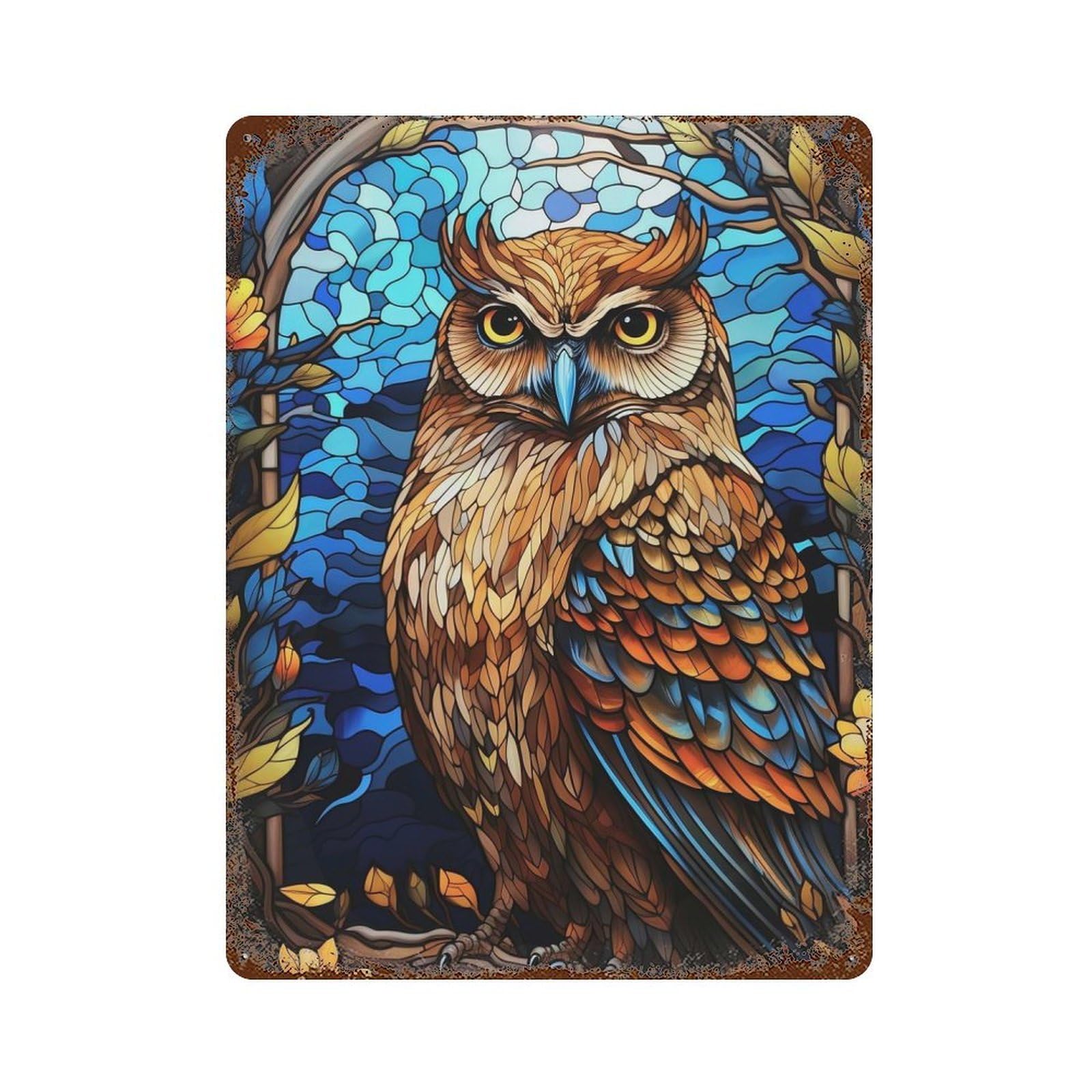 Stained Glass Owl Portrait Decorative Tin Sign 15.7"x11.8", Ideal for Cafe, Home Bar And Lounge Decor