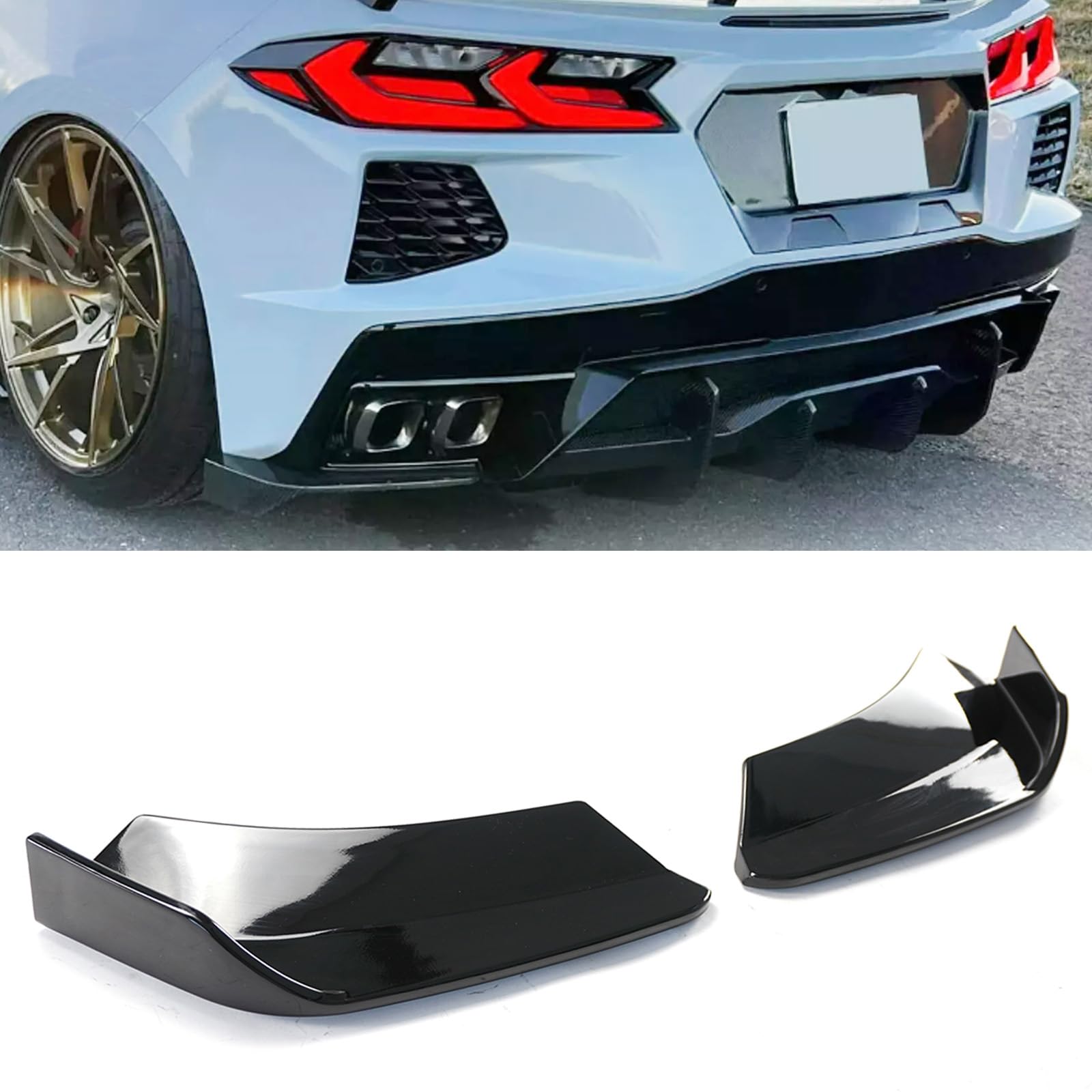 C8 Rear Bumper Splitters for Chevrolet Corvette C8 Stingray Z51 2-Door 2020-2024 STG 3 Add-On Rear Bumper Splitter Canards Fins Side Corner Splitter Aprons (Glossy Black)