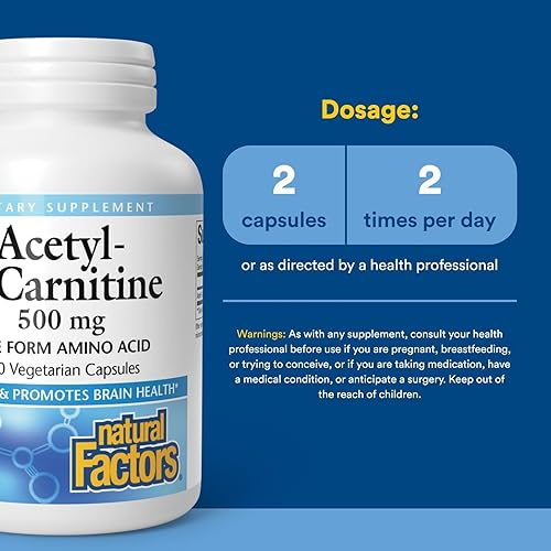 Miniatura 3 de Factores naturales acetil L-carnitina 500 mg promueve una memoria saludable concentración y función cerebral 120 cápsulas 60 porciones