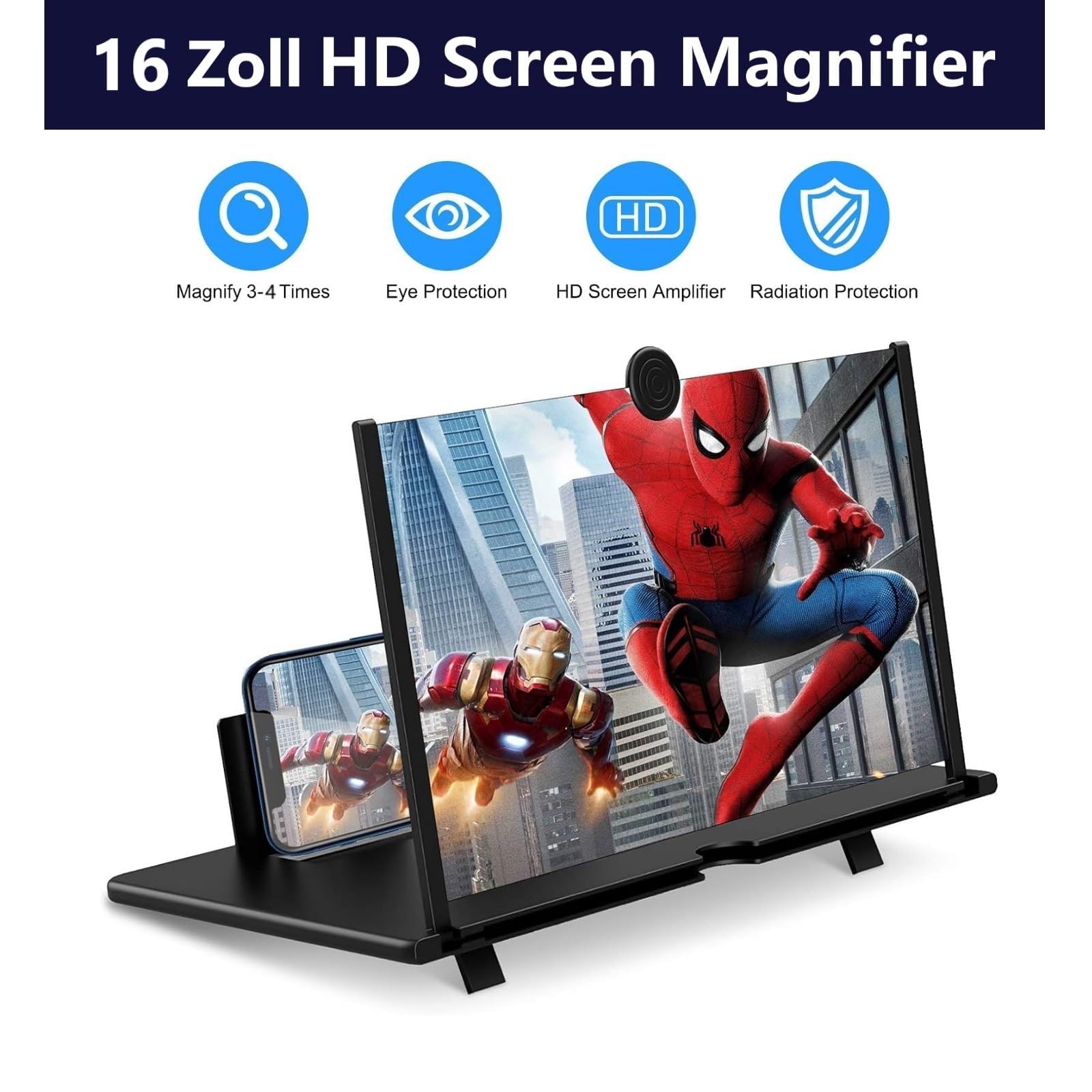 Lupa para móvil, 16 Pulgadas HD Amplificador de Pantalla para movil, 3-4 aumentos, antirreflectante, Plegable, Compatible con Todos los Smartphones (Negro)