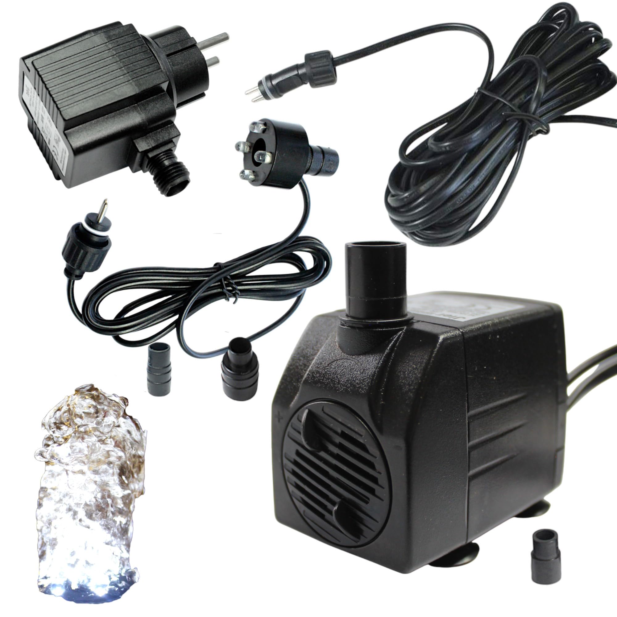 Arnusa Pompe de fontaine avec 1 éclairage LED en pierre de source - Spot blanc froid - Pompe de bassin - Pompe à eau - Pompe de ruisseau - 12 V - IP44 - Alimentation enfichable (800 l/h)