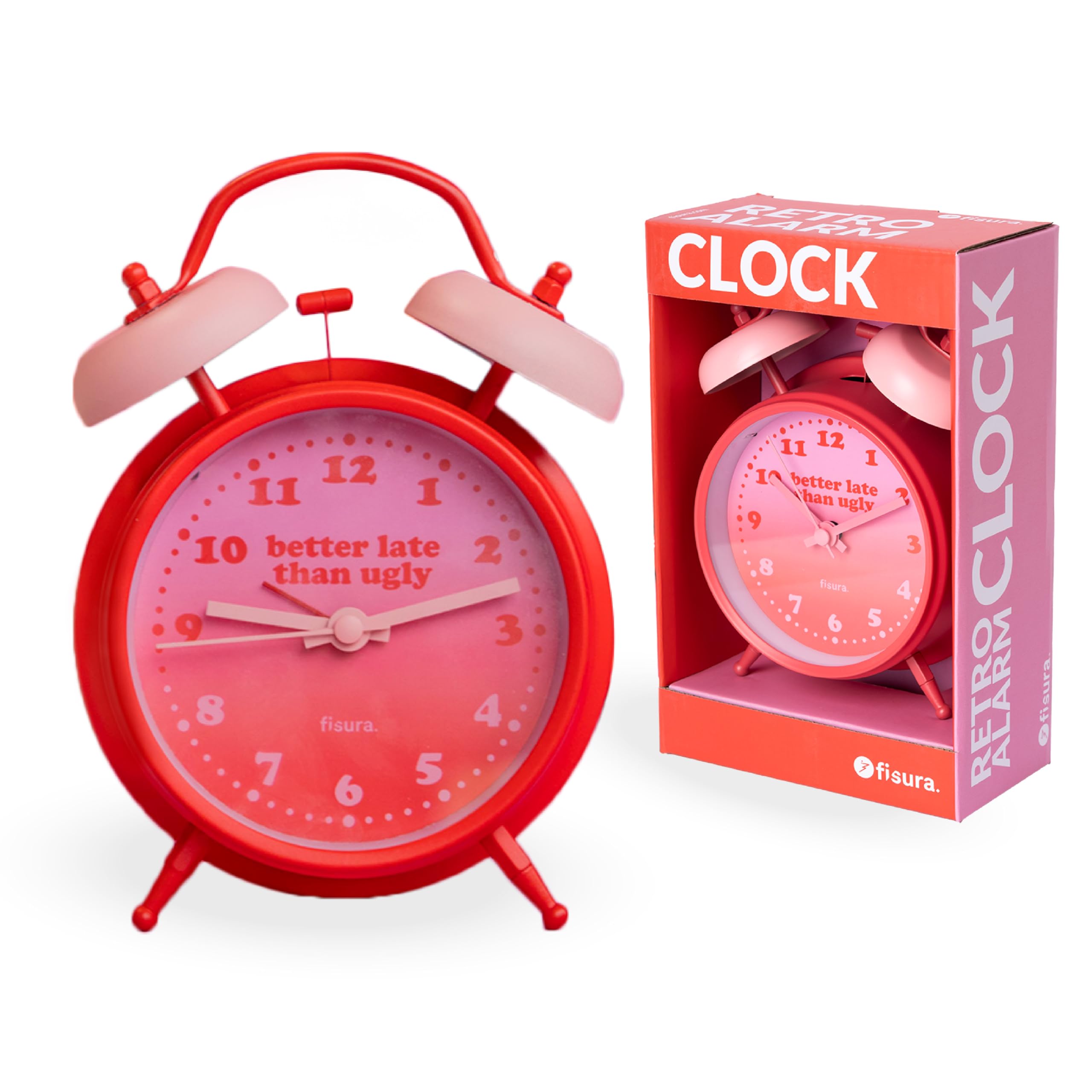 Fisura – Analog Alarm Clock in Pink and Red with No Ticking Sound. LED Night Light Alarm Clock with Better Late Than Ugly Message. 11.7x5.5x16 cm. Metal. Requires 1 AA Battery (Not Included)