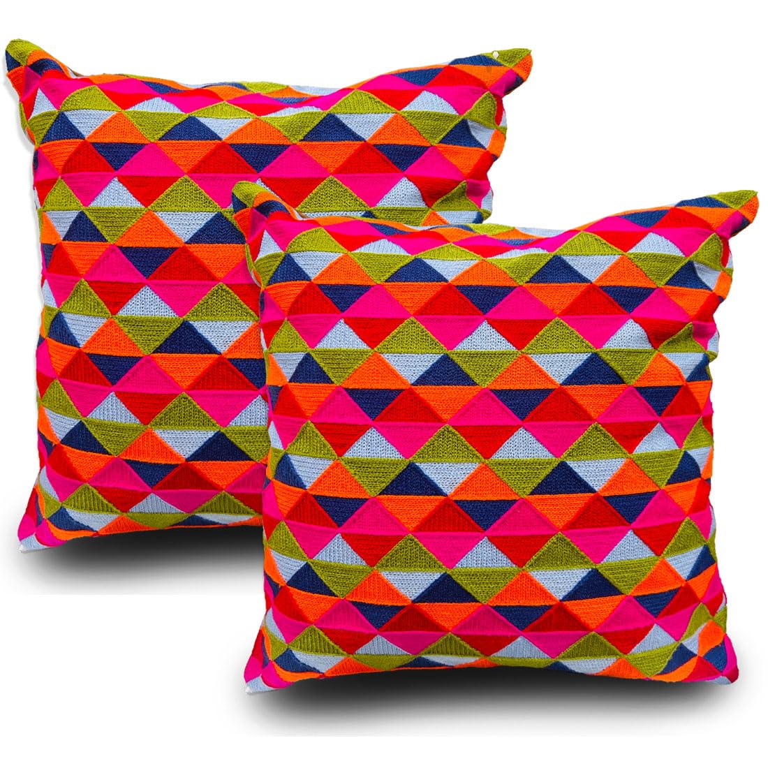 FURNISHYA Embroidered Cushion Covers Set of 2 | Multocolour Triangular Woolen| Polycotton Square Pillowcases Set for Sofa, Living Room | 16x16 inches, (40x40 cm) (B0CFY1724S) Amazon Price History, Amazon Price Tracker