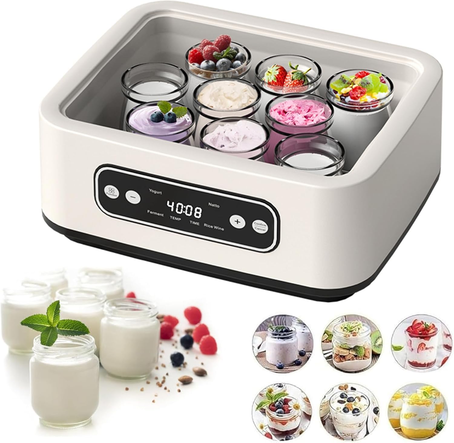Yogurtera Probiótica de 1,7 litros con Control de Temperatura y Tiempo para Yogurt Casero, Vino de Arroz, Natto y Fermentación. 4 Modos de Yogurt Multifuncional para Uso Doméstico