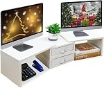 TEAMIX Double moniteur Riser Stand avec 2 Tiroirs - Longueur et angle réglables de l'écran blanc avec stockage Grand Riser pour 2 Moniteurs/Laptop/PC, Organisateur de comptoir d'écran de bois/TV