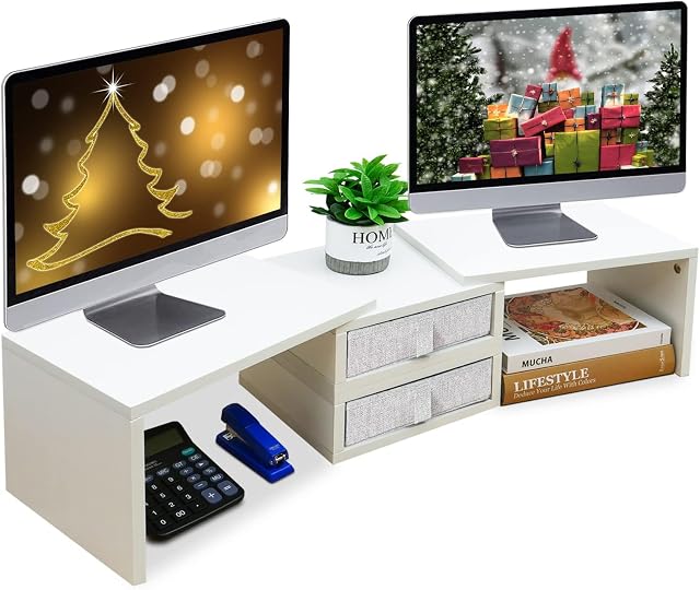 TEAMIX Double moniteur Riser Stand avec 2 Tiroirs - Longueur et angle réglables de l'écran blanc avec stockage Grand Riser pour 2 Moniteurs/Laptop/PC, Organisateur de comptoir d'écran de bois/TV