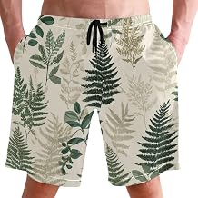 Pigsaly Mens Swim Trunks Leaves Green Cream Beige Beach Board Shorts with Pocket Swimwear Bathing Suit S