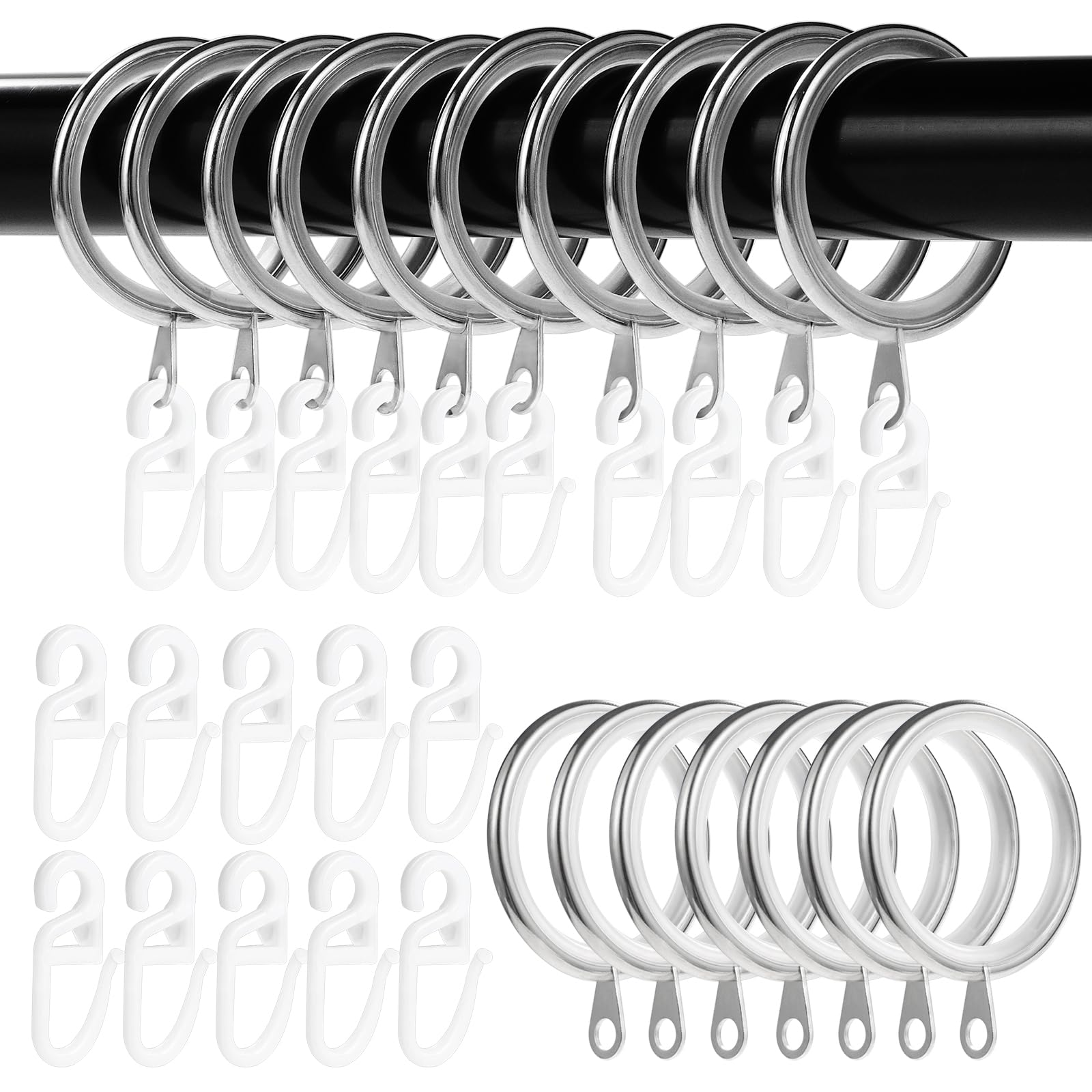 50PCS Black Metal Curtain Rings with Hooks, 37mm Inner Diameter Silent Glide Rings for Curtain Rods, Shower & Drapery
