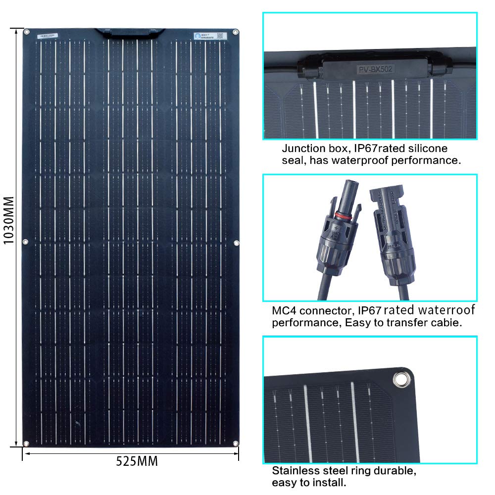 XINPUGUANG Panel solar flexible de 100W 12V Módulo monocristalino para bote coche caravana autocaravana 12V cargador de batería (Black)