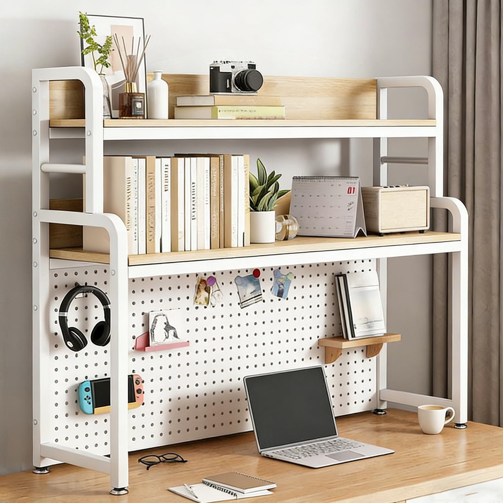 Dwupoziomowy organizer biurkowy – stojak do przechowywania w pozycji stojącej, organizer na biurko, półka na książki, do domu, gabinetu, biura (biały C, 136 cm