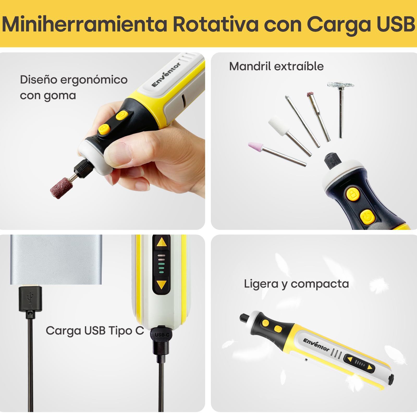 Enventor Mini Amoladora Bateria 8V con 80 Accesorios, Mini Herramienta Rotativa Multifunción con 5 Velocidades Ajustables, 5000-28000RPM, Carga USB, para Grabar, Aamolar, Pulir, Taladrar