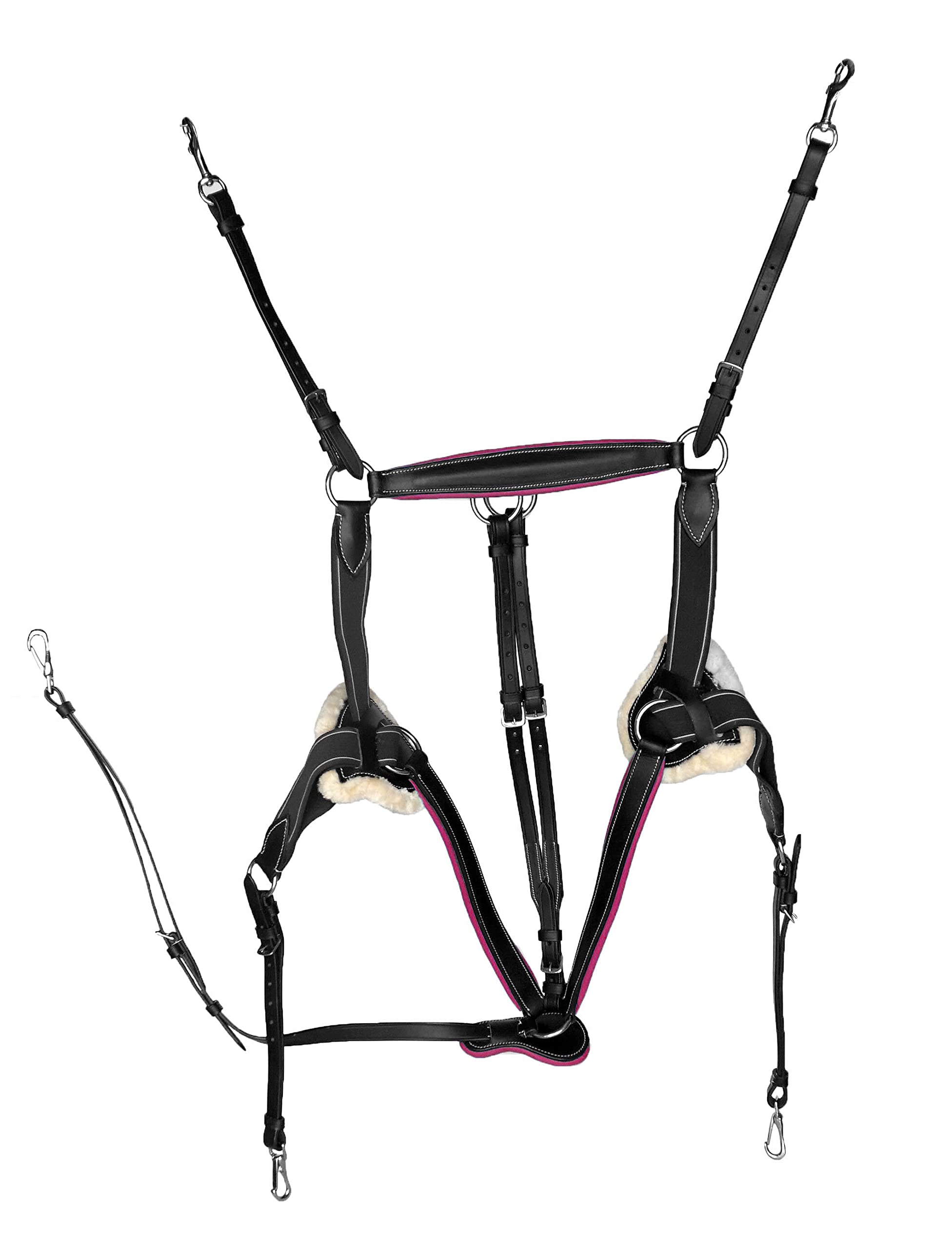 Leather Pony Size 5 Point Elastic Breastplate and Running Attachment with Color Trim (Black with Pink)