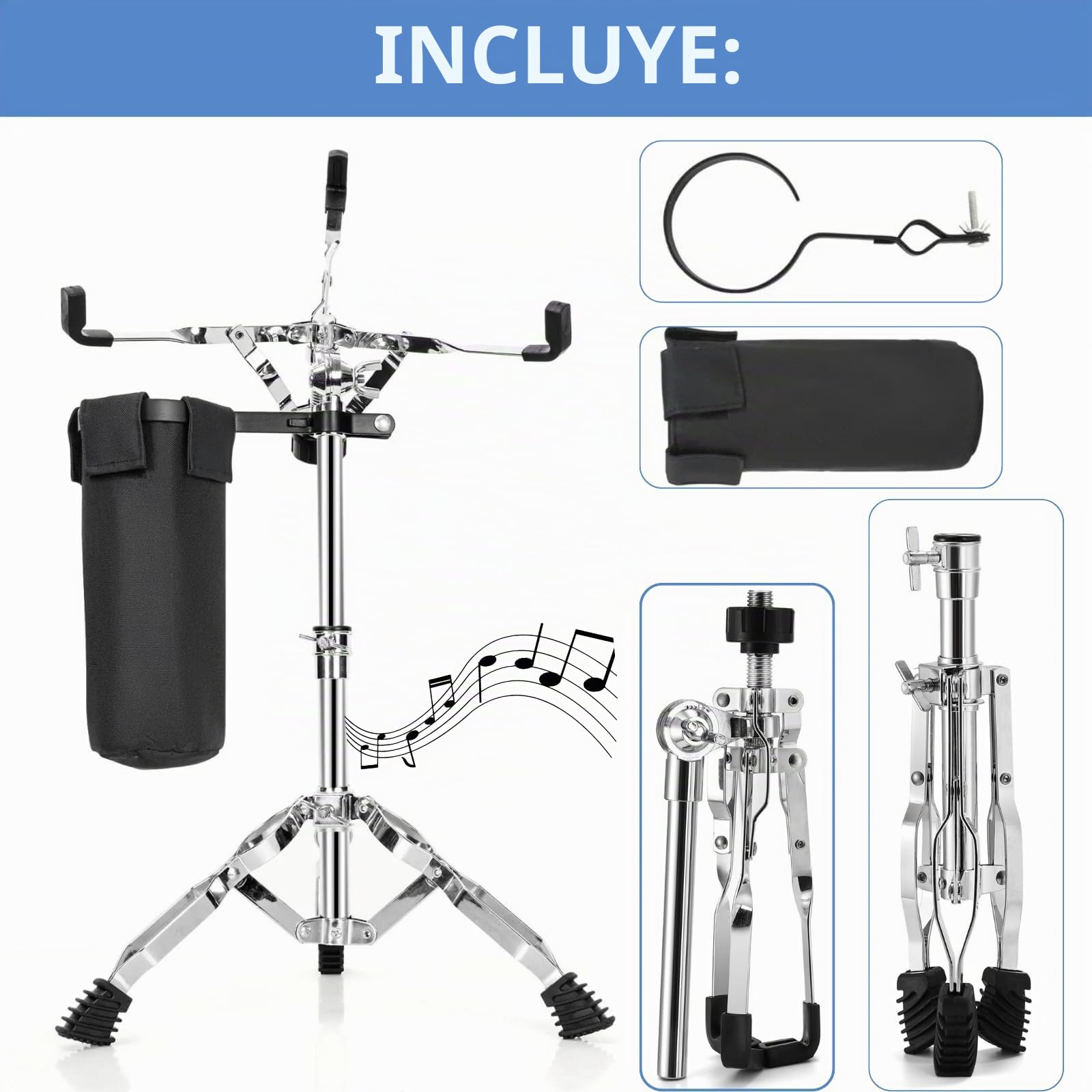 Youeon Soporte de tambor con soporte para baquetas, ligero y doble refuerzo, adecuado para cajas de 10 a 14 pulgadas, altura ajustable de 14,5 a 23 pulgadas, para principiantes