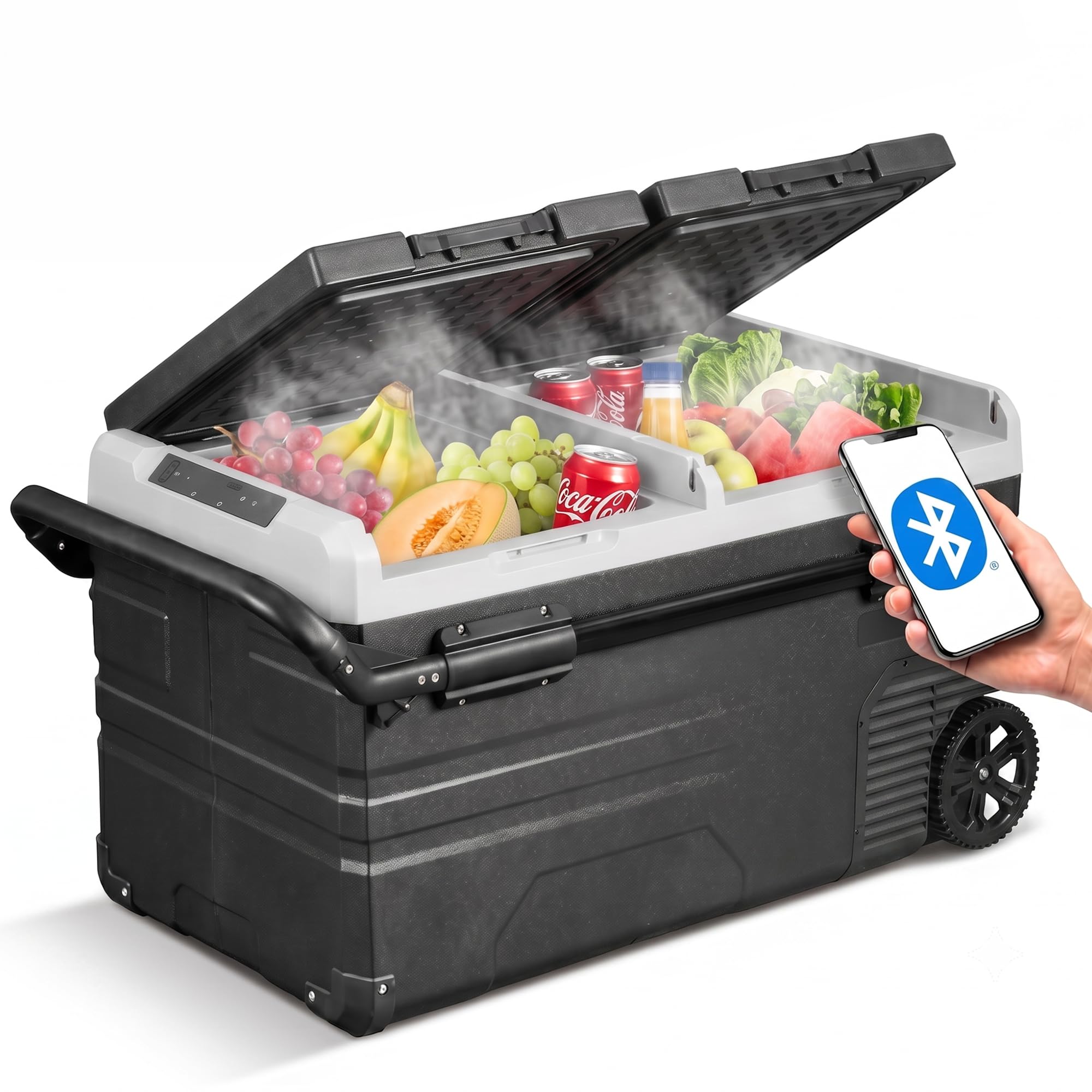 Kompressor Kühlbox 75L Dual Zone 12V 24V 230V – APP-Steuerung Tragbare Auto Kühlbox mit Gefrierfunktion bis -20°C, Leise Camping Kühlschrank für Auto, LKW, Wohnmobil, Camping