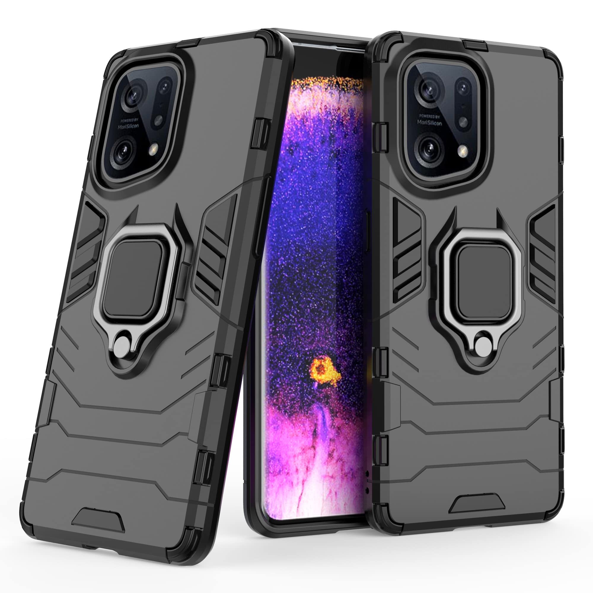 ESTH® Schutzhülle Für Oppo Find X3 Lite Mit 2x Panzerglas – Ringständer & Magnetisch Für Autohalterung, Schwarz